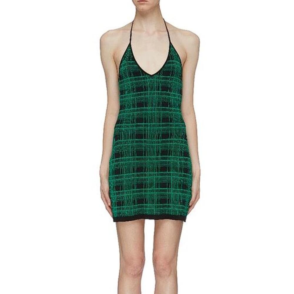NAGNAT Women's Check Plaid Jacquard Halterneck Dress Size XS